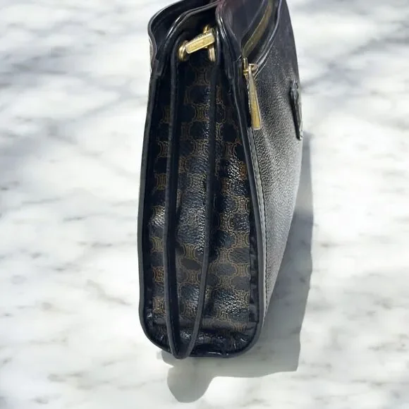 CELINE Macadam Clutch Handbag Black Brown Triomphe Leather Unisex Vintage 90s - Picture 5 of 16